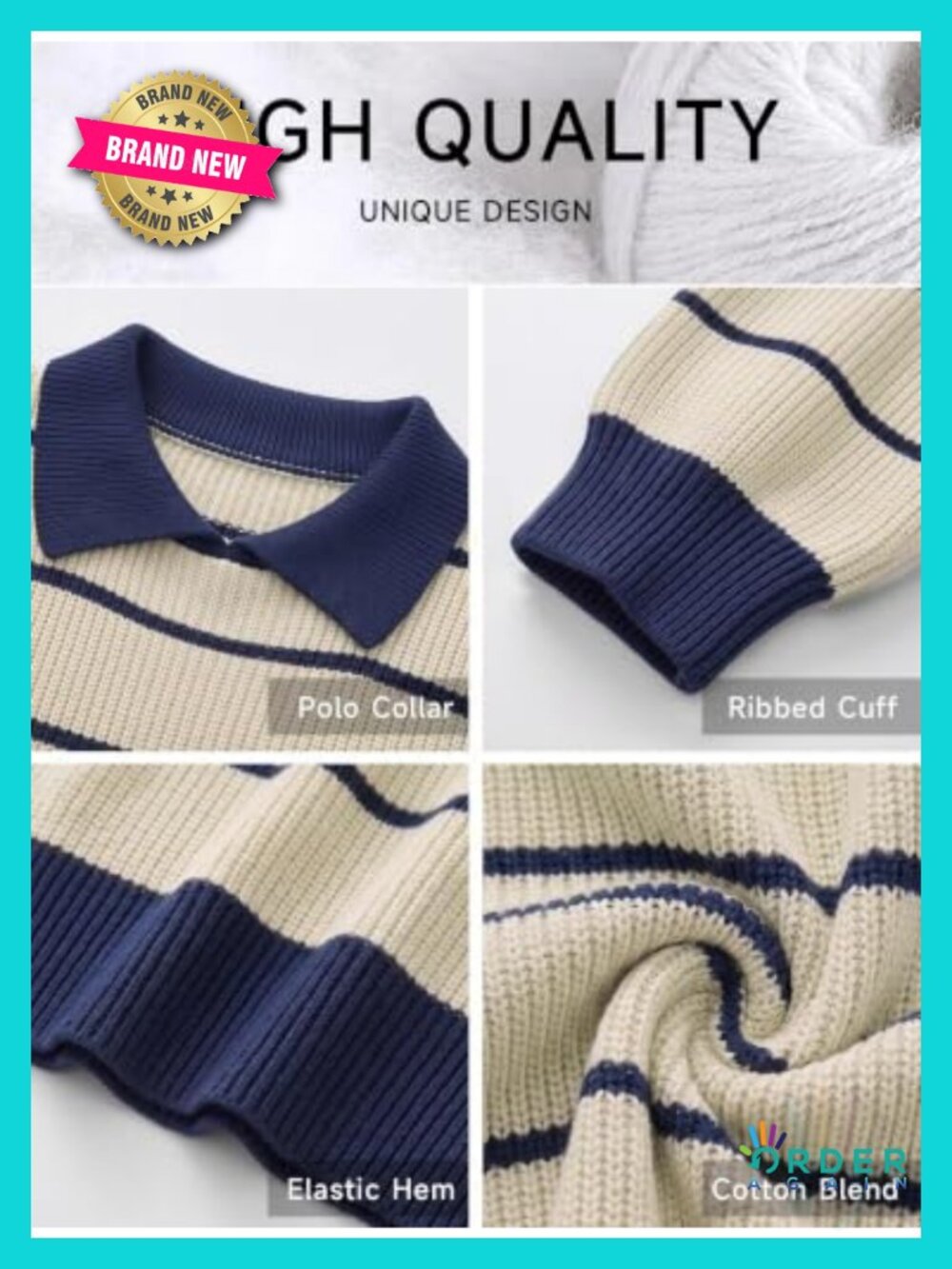 Oversized Striped Collared Sweater Cotton Blend Pullover - Picture 5 of 6